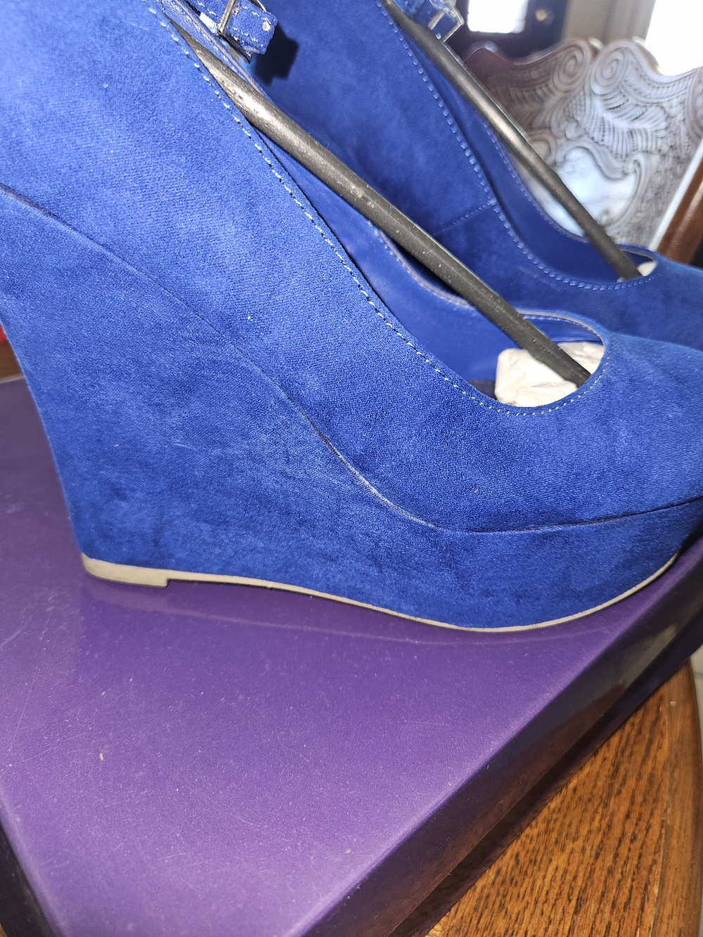 Madden Girl Royal Blue Suede Wedge Heels with Ankle Strap - Picture 7 of 10